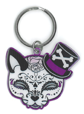 Cherry Martini Tophat Cat Sugar Skull Metal Keychain | Day of the Dead Stickers, Patches, Button Boxes & Pins!