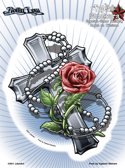 Rollin Low Rosary Cross 6x8 Sticker | Stickers