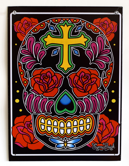 Sunny Buick Rose Cross Metal Sign | Day of the Dead Wallets, Key Chains, & Metal Signs!